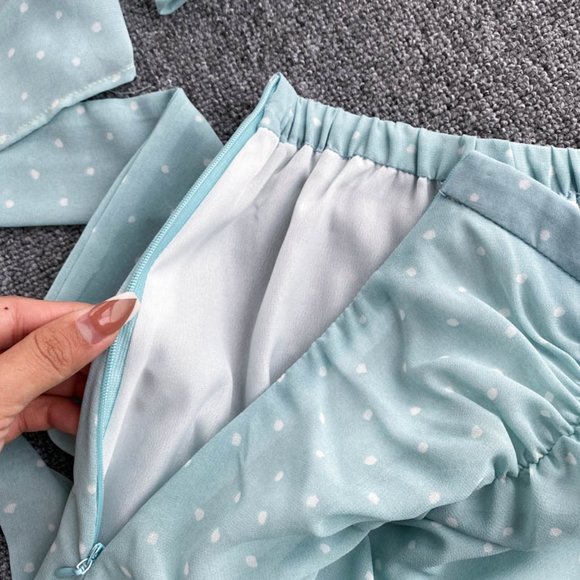 Sexy Polka Dot Chiffon Elegant Flare Sleeve Short Tops And Skirt - Picture 7 of 9